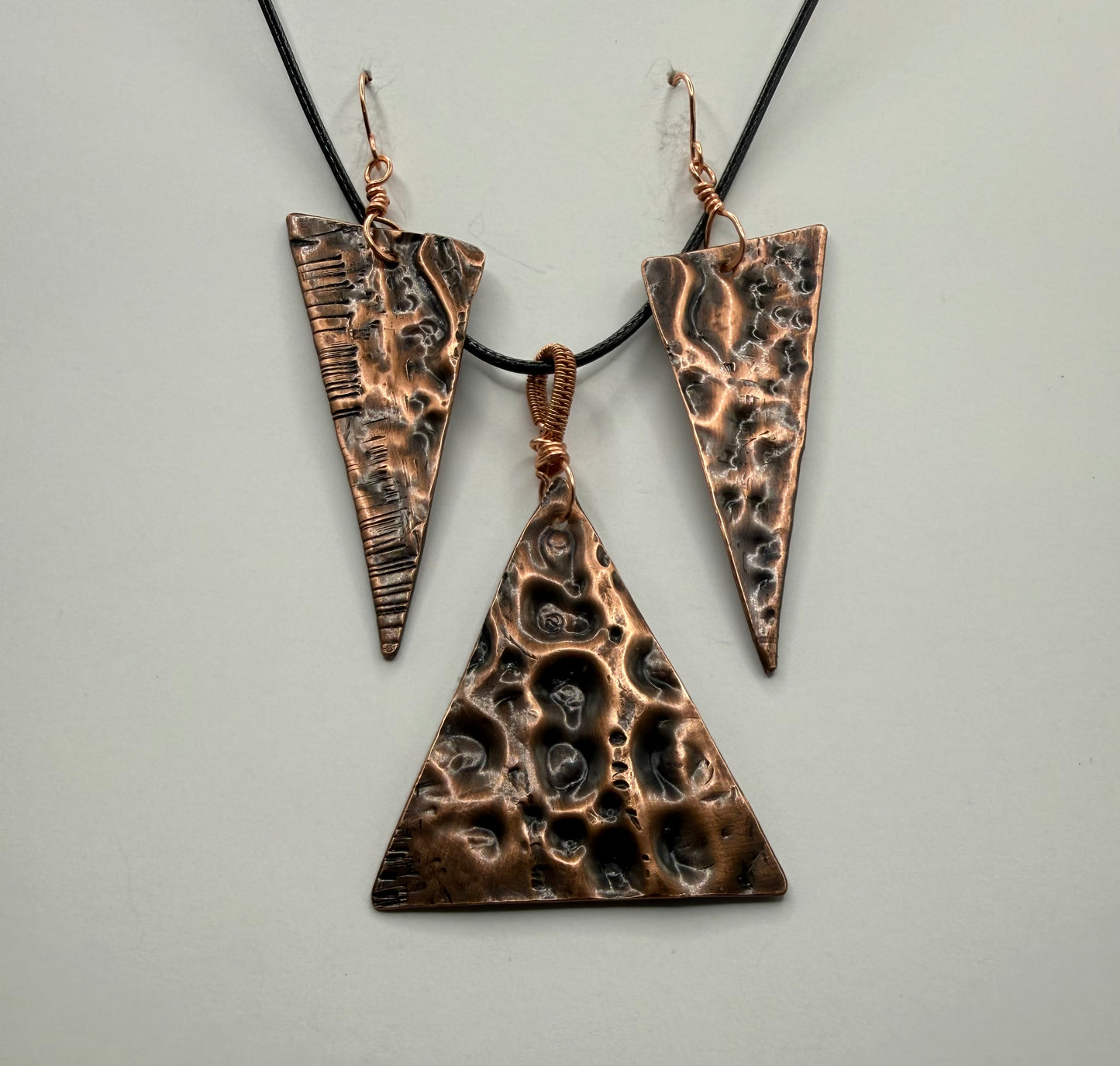 Triangle hammered copper pendant and earrings set