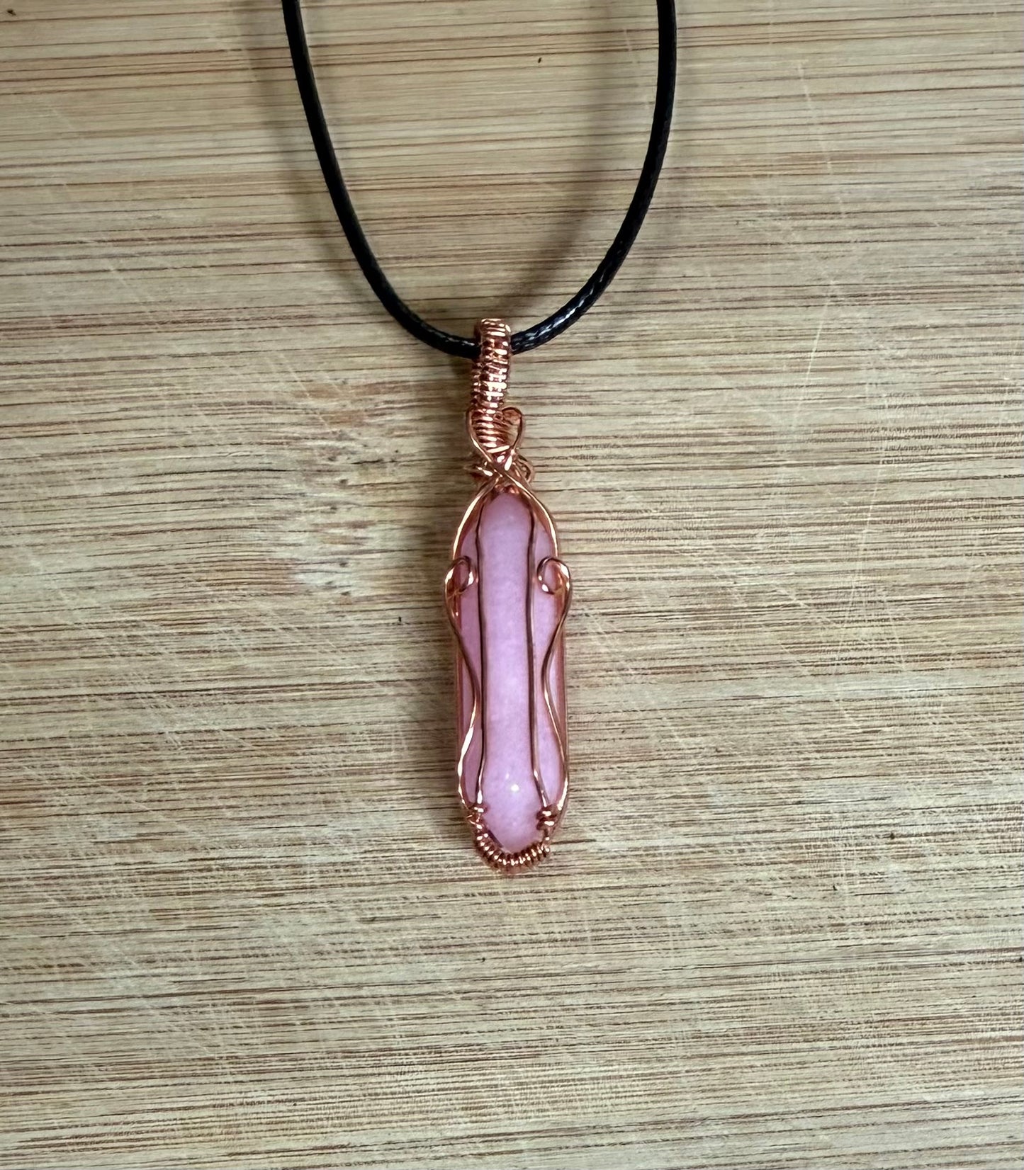 Copper wrapped Pink Quartz stone pendant
