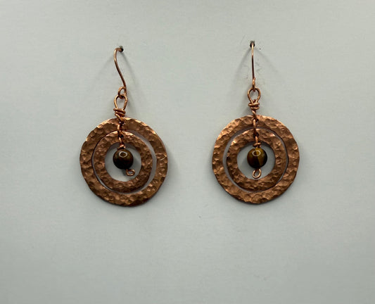 Hammered copper and tigers eye earrings