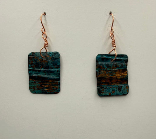 Fold formed, blue patina copper earrings