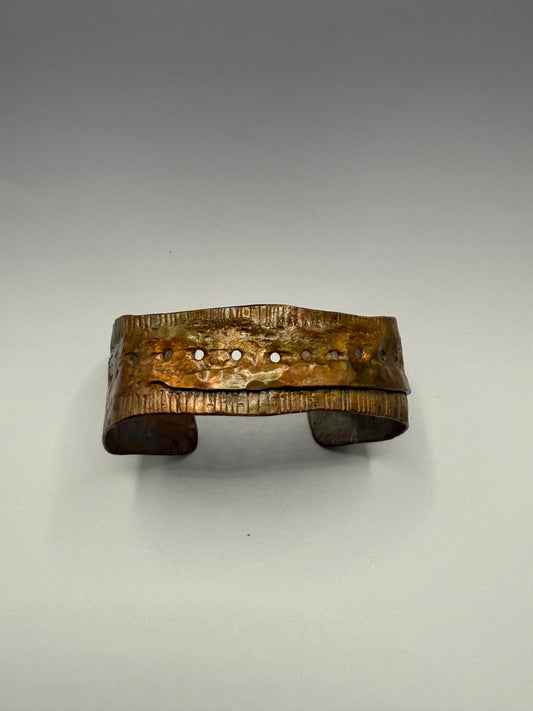 Copper cuff bracelet - hammered, fold formed, textured, heat coloured