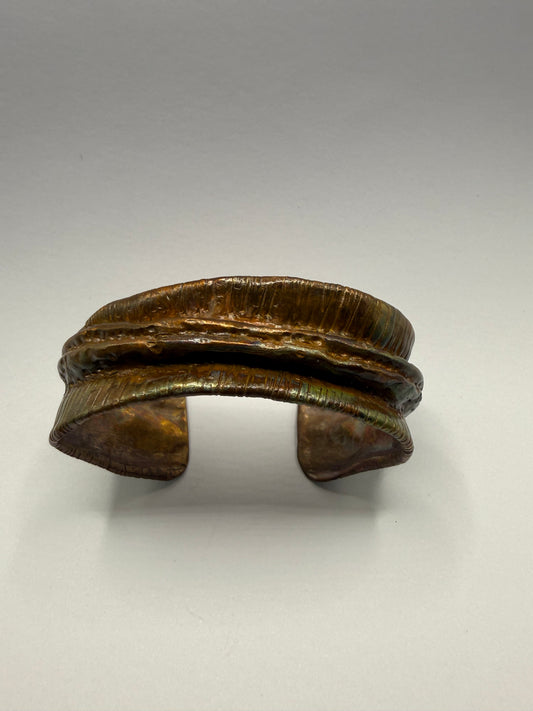 Copper cuff bracelet - hammered, fold formed, textured, heat coloured