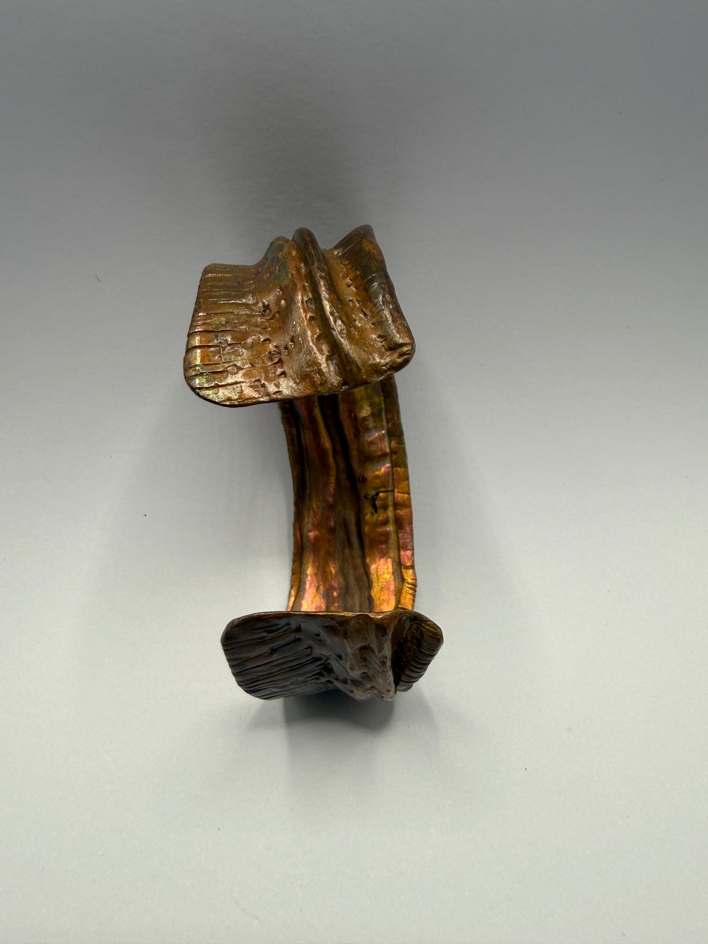 Copper cuff bracelet - hammered, fold formed, textured, heat coloured