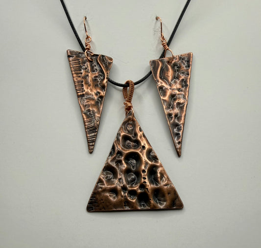 Triangle hammered copper pendant and earrings set