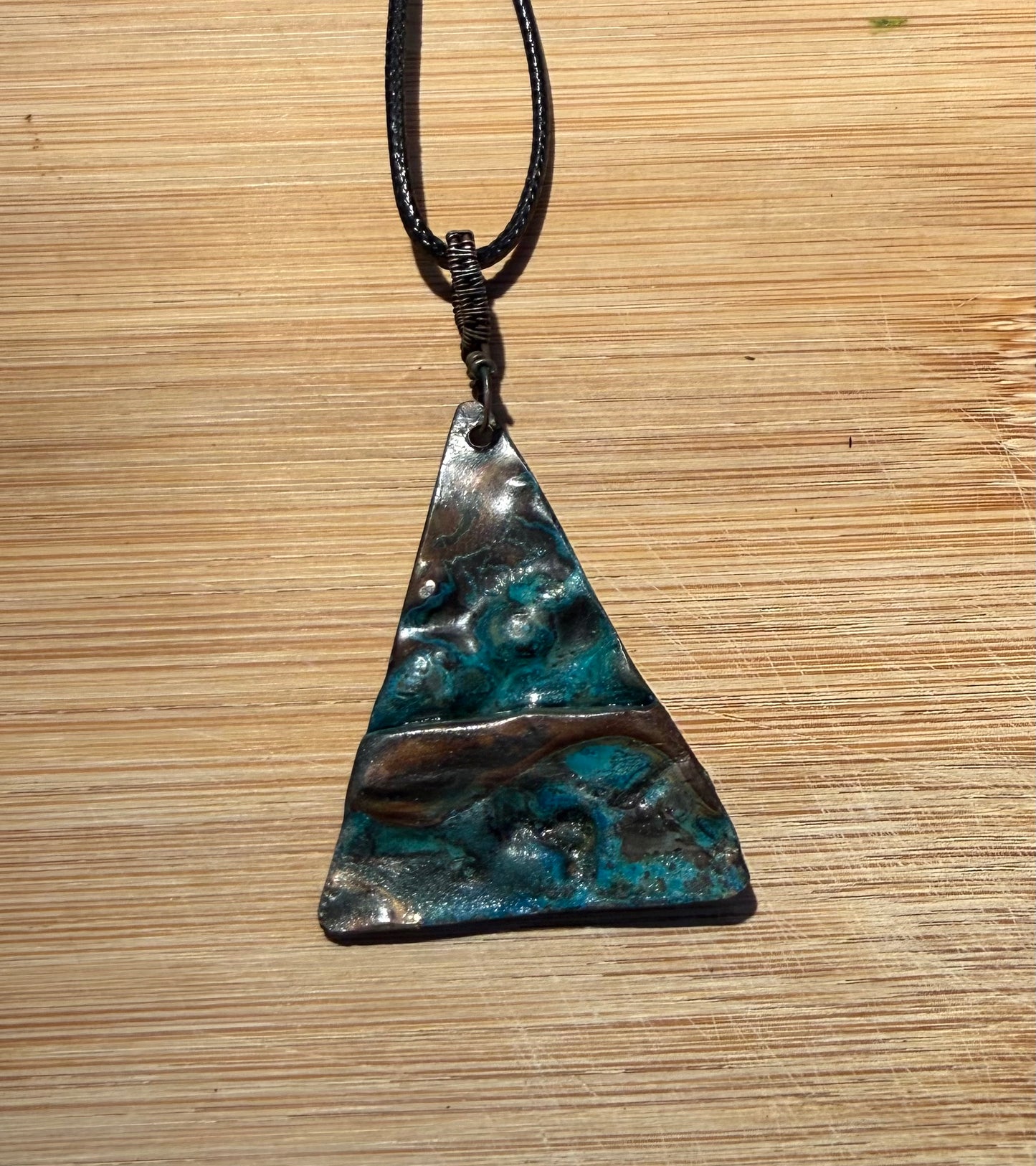 Fold Formed & Hammered Blue Patina Copper triangle pendant