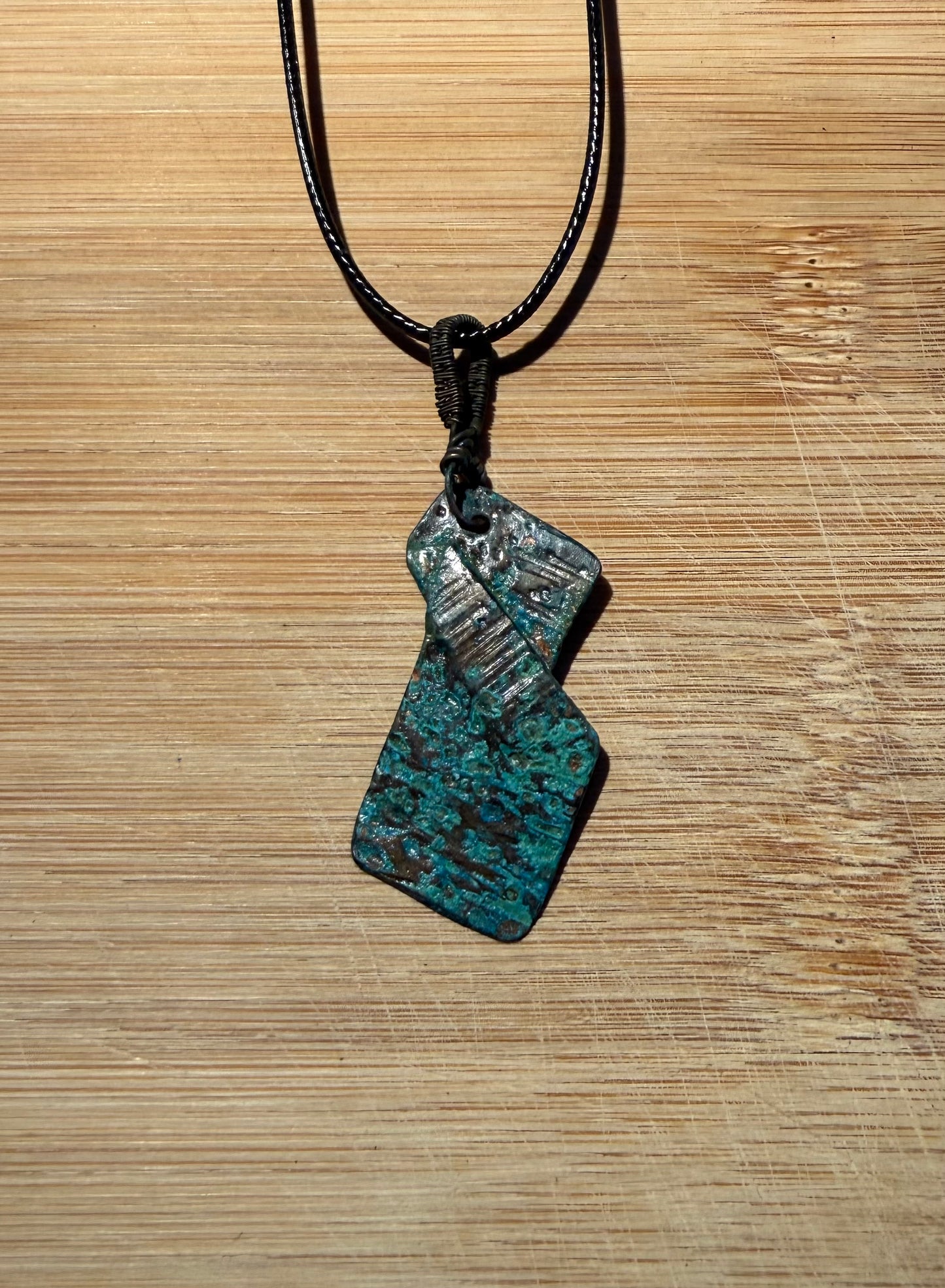 Fold Formed & Hammered Blue Patina Copper pendant