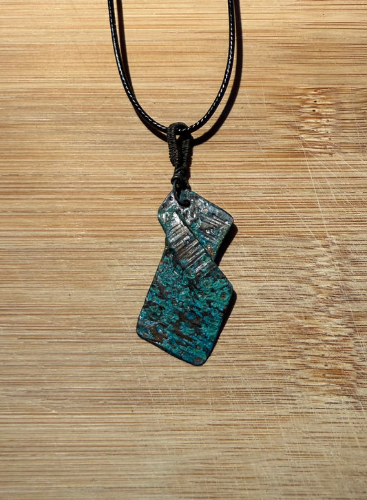 Fold Formed & Hammered Blue Patina Copper pendant
